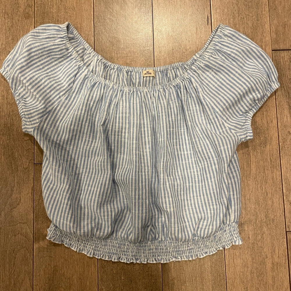 Striped Off-Shoulder Crop Top - Light Blue